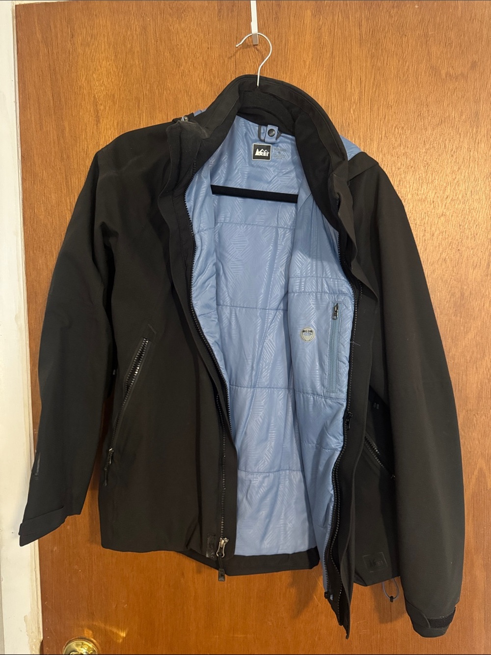 REI Women’s Black Softshell Jacket with Light Blue Lining